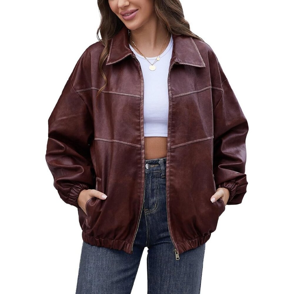 Women's Dark Red Oversized Y2K Faux Leather Jackets Plus Motorcycle Coats